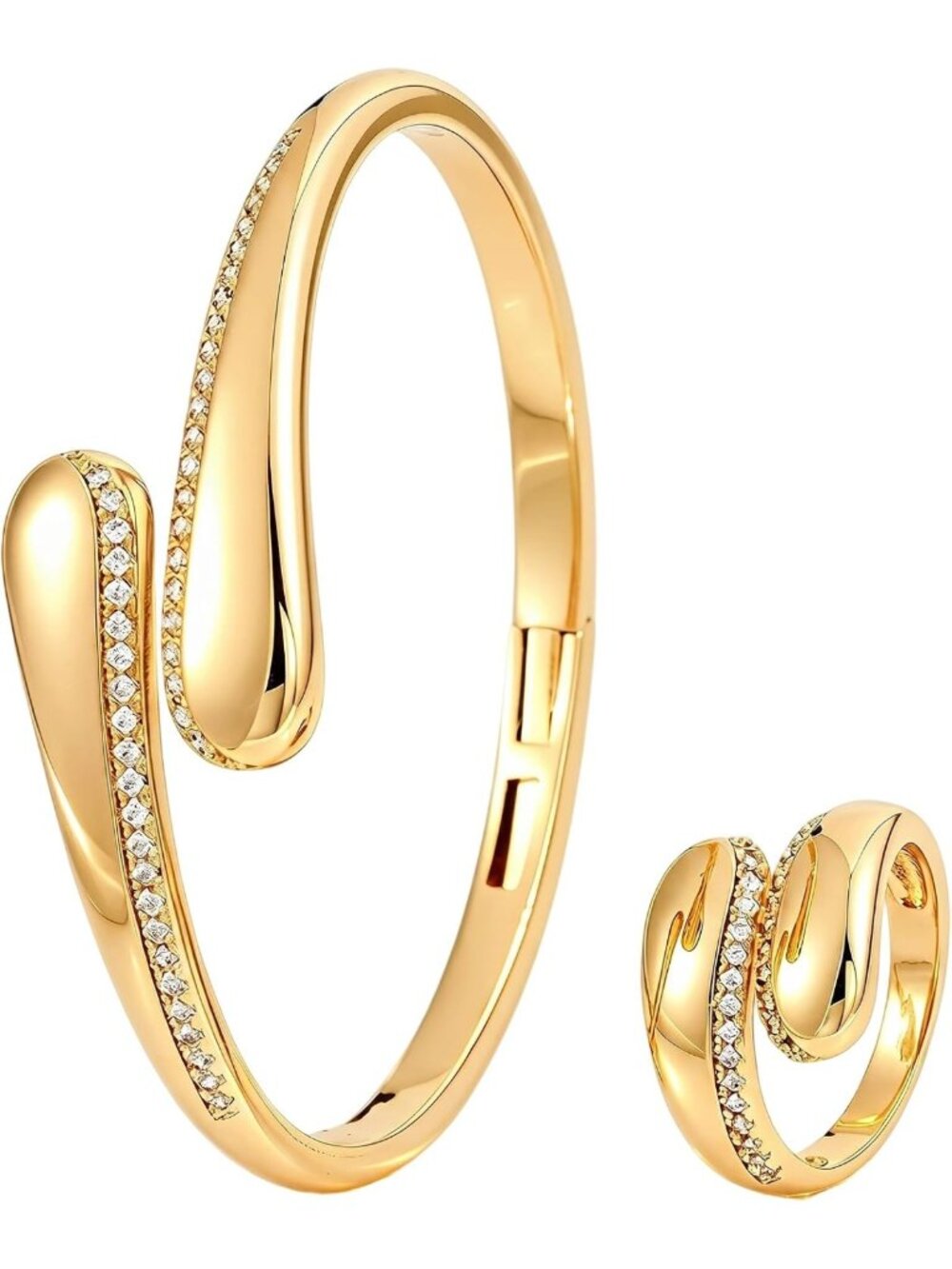 14K Gold Plated CZ Cuff Bracelet & Ring Jewelry Set - Elegant Women's